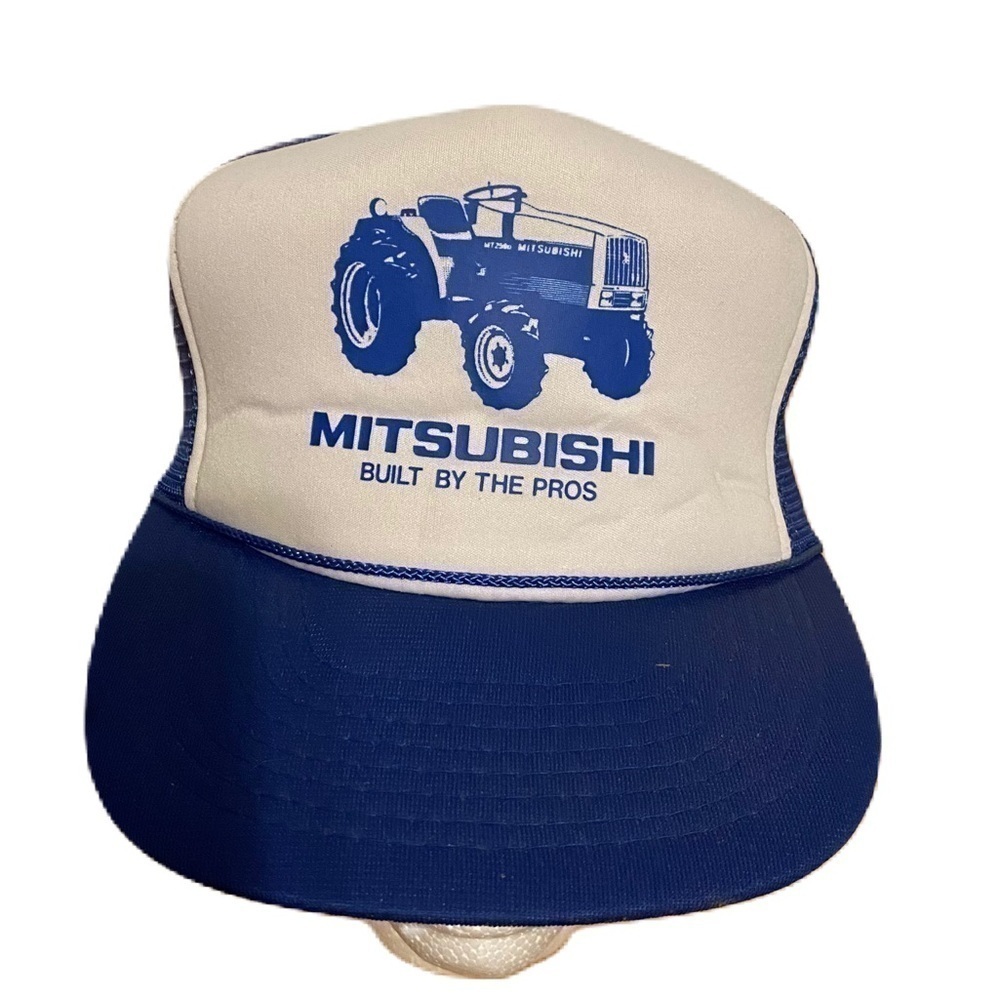 Vintage Mitsubishi Tractor Trucker Hat Snap Back Puffy Mesh Blue White Farming